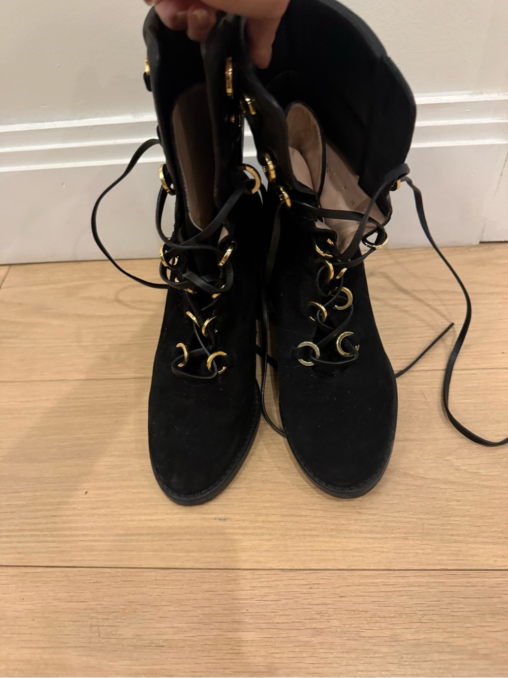 Stuart Weitzman Black Suede Lace-Up Ankle Boots with Gold Hardware